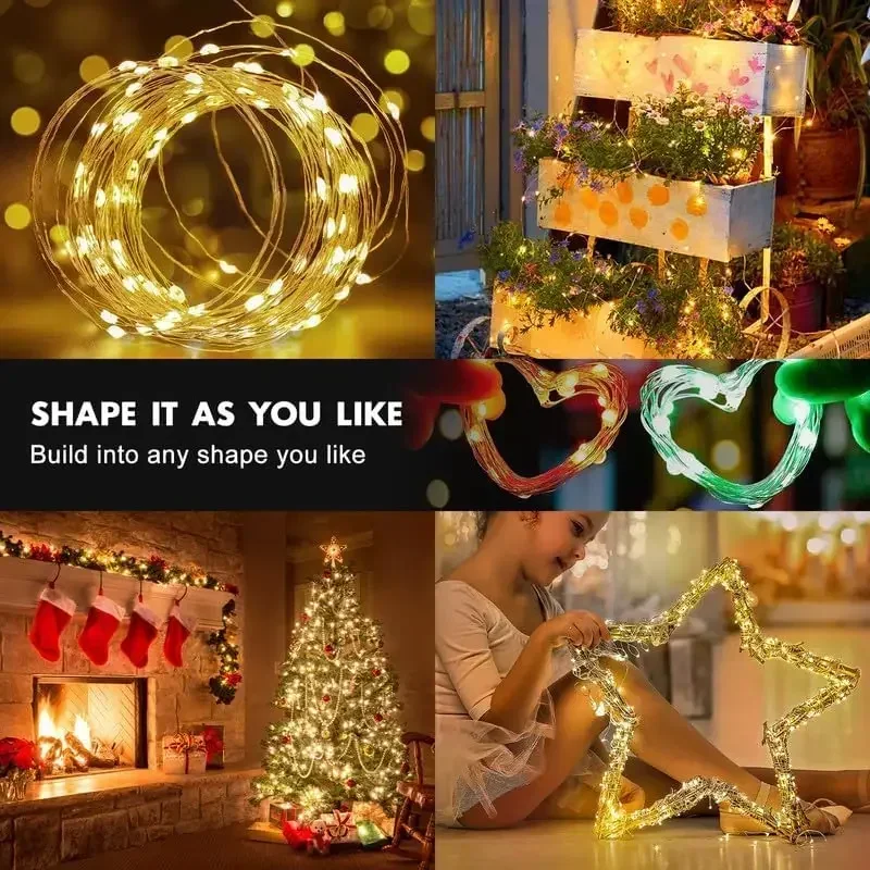 Fio de cobre de natal led string luz usb/bateria operado guirlanda cordas de iluminação de fadas casamento feriado decoração do quarto