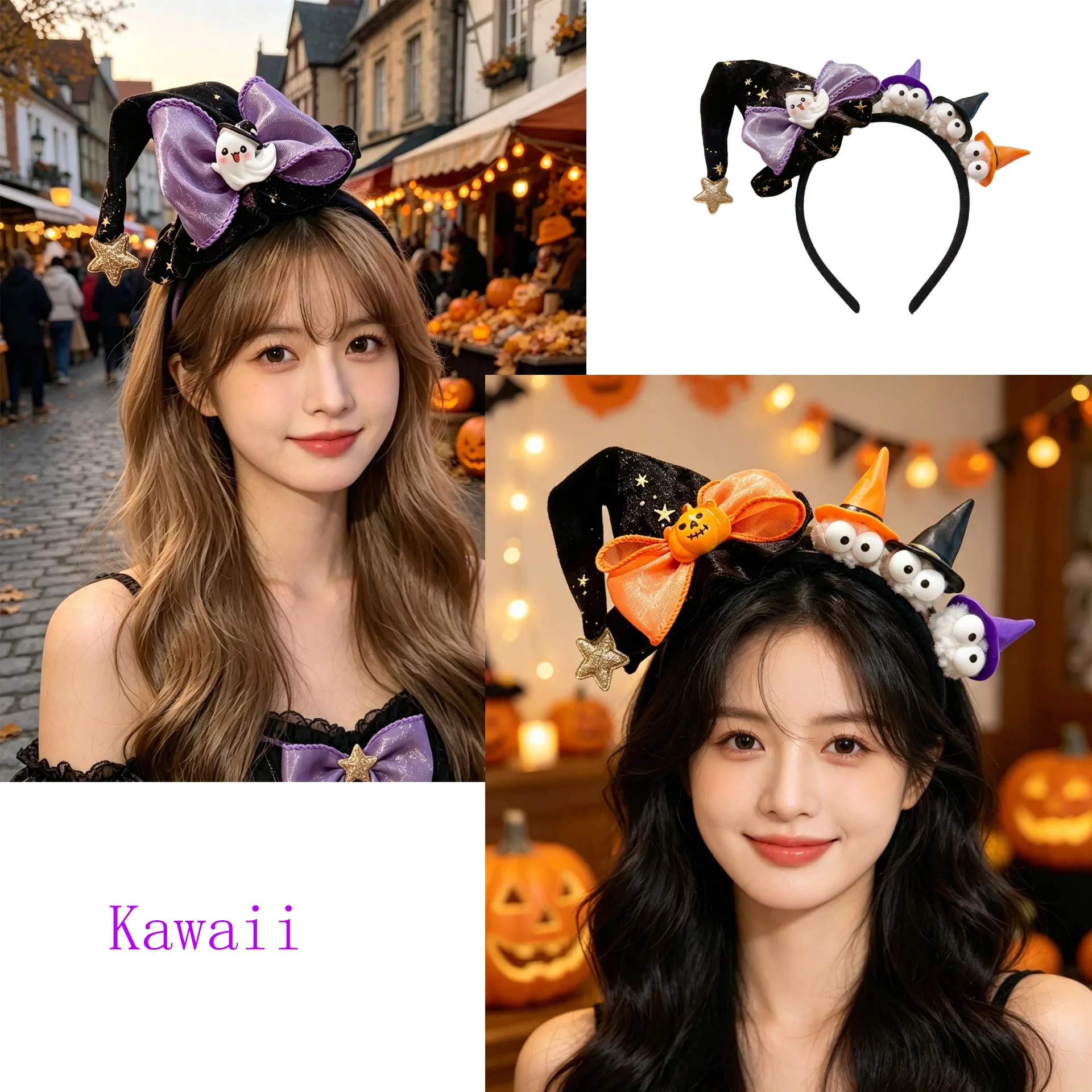Cute Halloween Witch Hat Headband Ghost Pumpkin Bow Hair Hoop Cosplay Party Hair Accessories for Women Kids