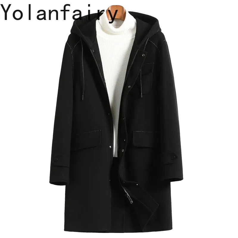 YOLANFAIRY 100% Wool Coat for Man Hooded Winter Fashion Double-faced Woolen Jacket Mens Clothing Mid-length Overcoat 2026 пальто