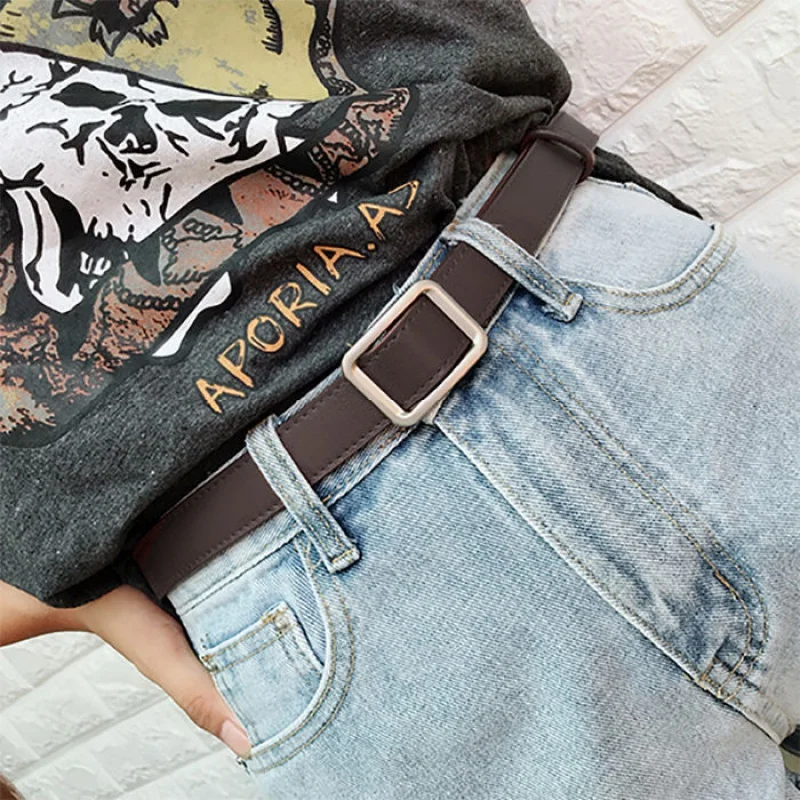 Women Simple Square Buckle PU Belts 2023 Students Jeans Pants Cool Waistband Daily All-Match Smooth Buckle Ladies Belts