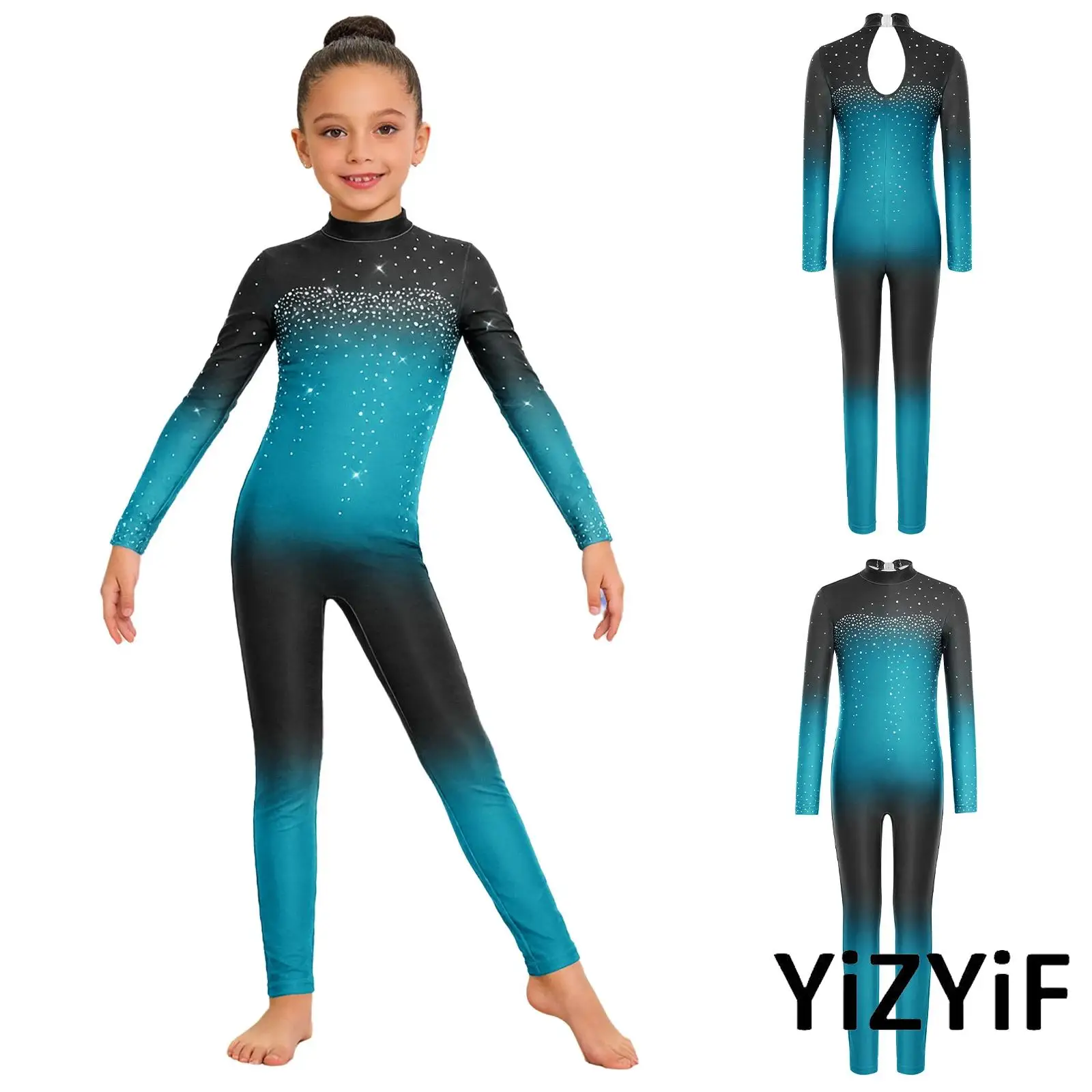 

Kids Girls Dance Competition Bodysuit Long Sleeve Shiny Rhinestones Mesh Patchwork Color Block Jumpsuit for Ballet Jazz Yoga Gym