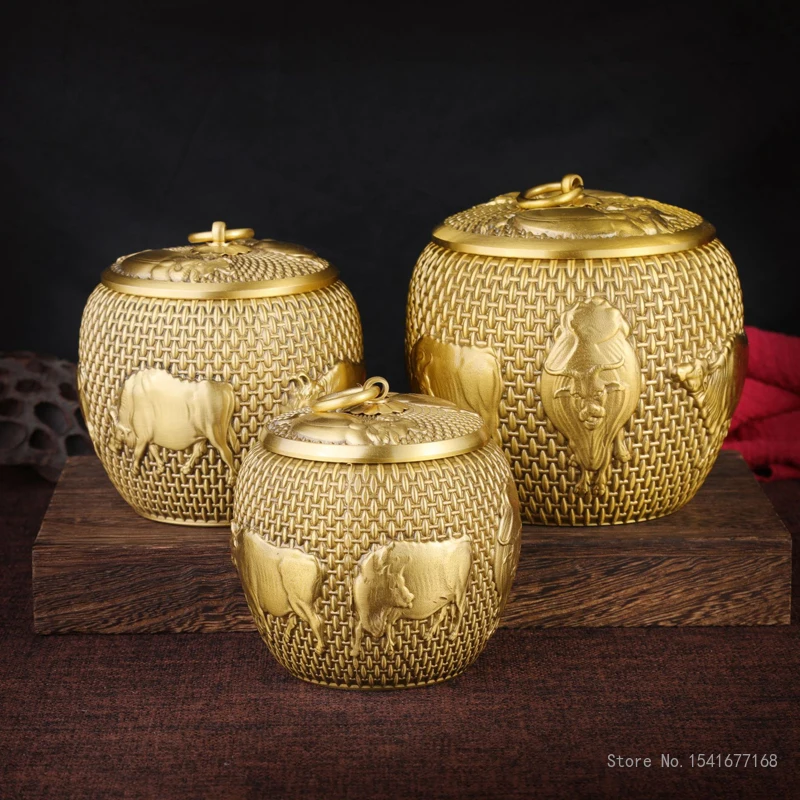 Chinese Style Brass Animal Cow Pattern Sealed Tea Can, Portable Travel Mini Storage Home Copper Tea Box, Large Medium Small, 1Pc