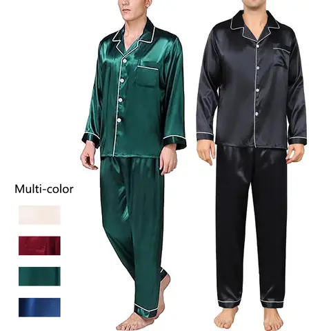 2 개/대 플러스 사이즈 솔리드 긴팔 잠옷 남성 봄, 가을 실크 잠옷 Homewear Cardigan Lapel Trousers Nightwear