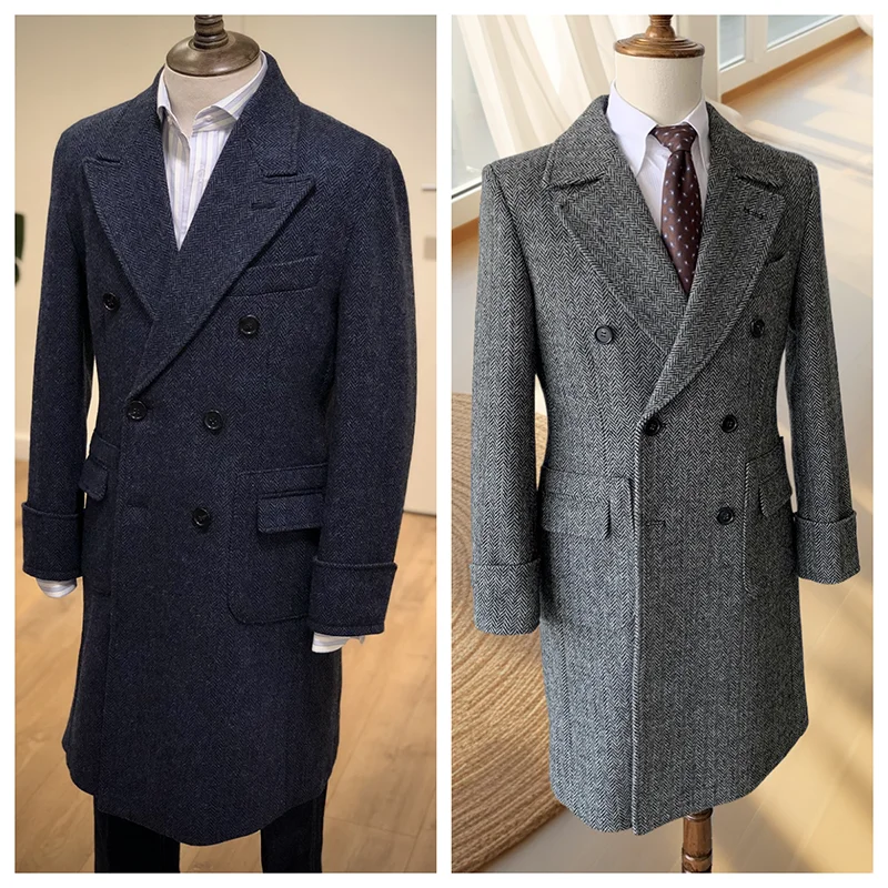 

Vintage Herringbone Long Blazer Classic men's double-Breasted Jacket Slim-fit Wool Long Coat With Nnipped Back Waist Fall/Winter