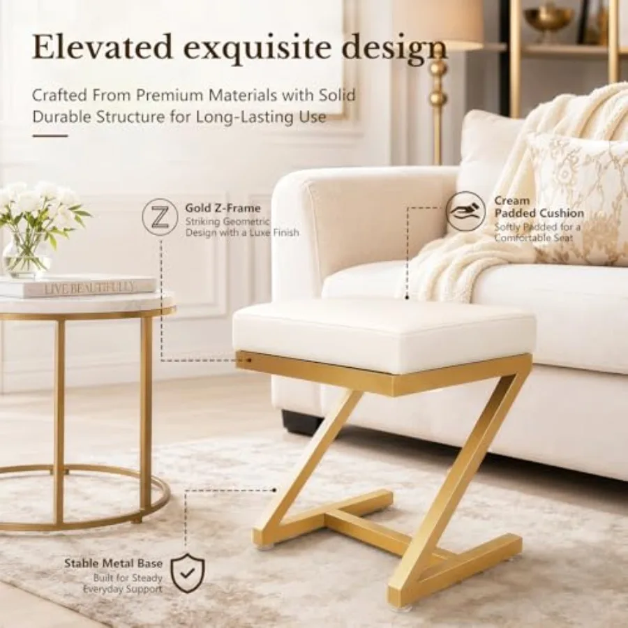 Makeup Vanity Stool Chair Small Backless Leather Ottoman Bench in Gold Cushioned Seat Metal Z-Frame for Vanity Desk, Bathroom, view 6