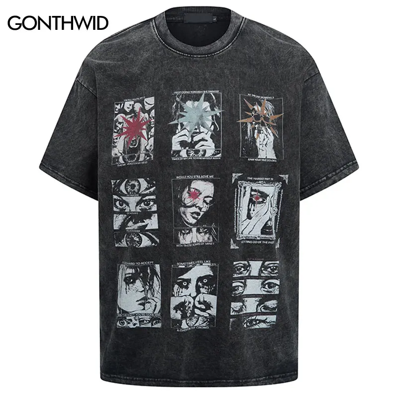 

Vintage Black T-Shirt Grunge Eye Graphic Printed Washed Tshirt Hip Hop Punk Gothic Streetwear Men Harajuku Casuall Baggy Top Tee