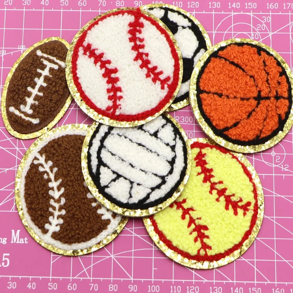 5PCS Balls Game Clothing Iron on Patches Embroidered Baseball Basketball Apparel Repair Patches Chenille Gold Edged