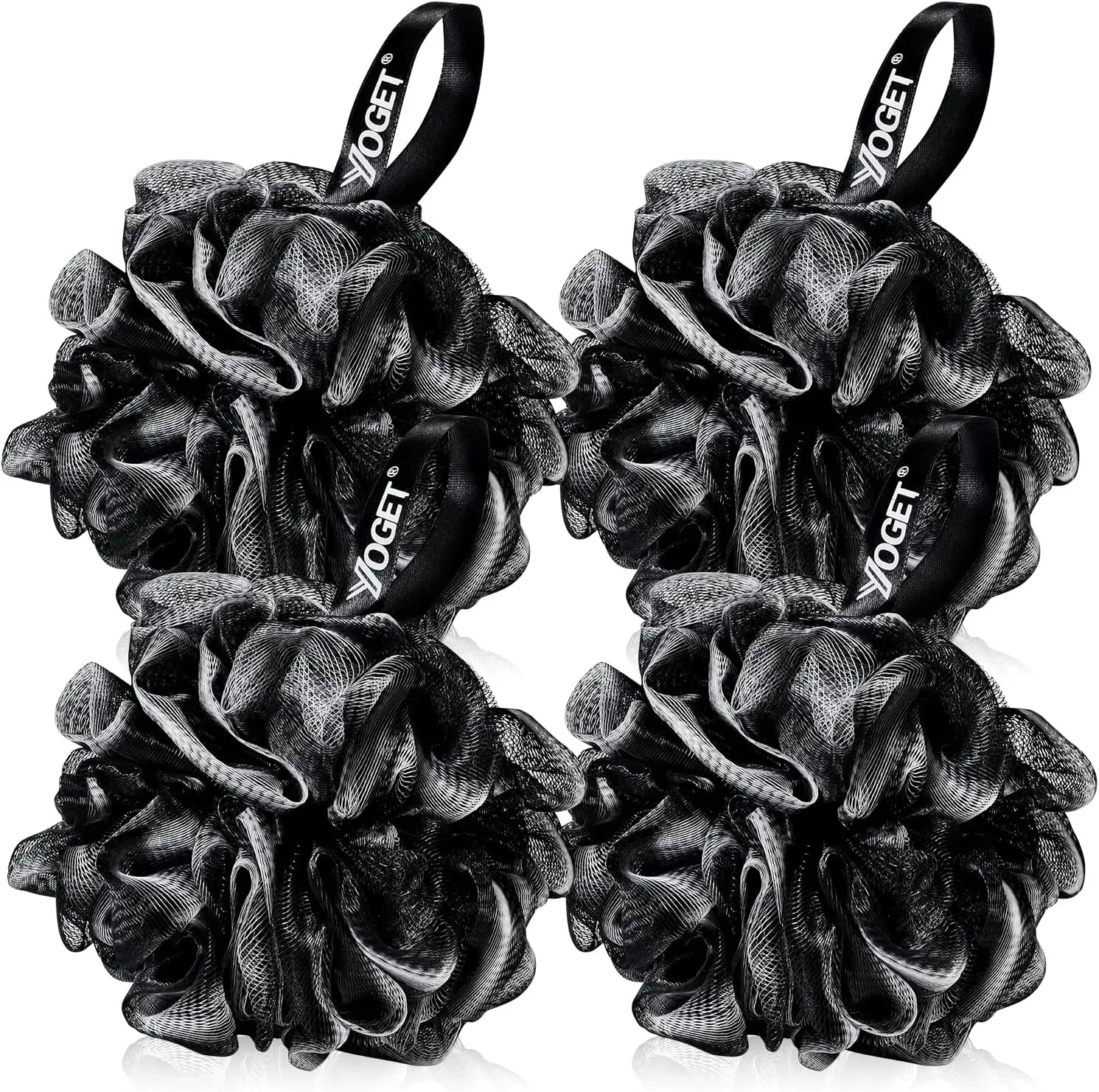 

Bath Loofah Sponge 4 Pack, 60G Shower Mesh Ball Soft Pouf Body Scrubber, Exfoliate and Cleanse Skin, Black with White Trim