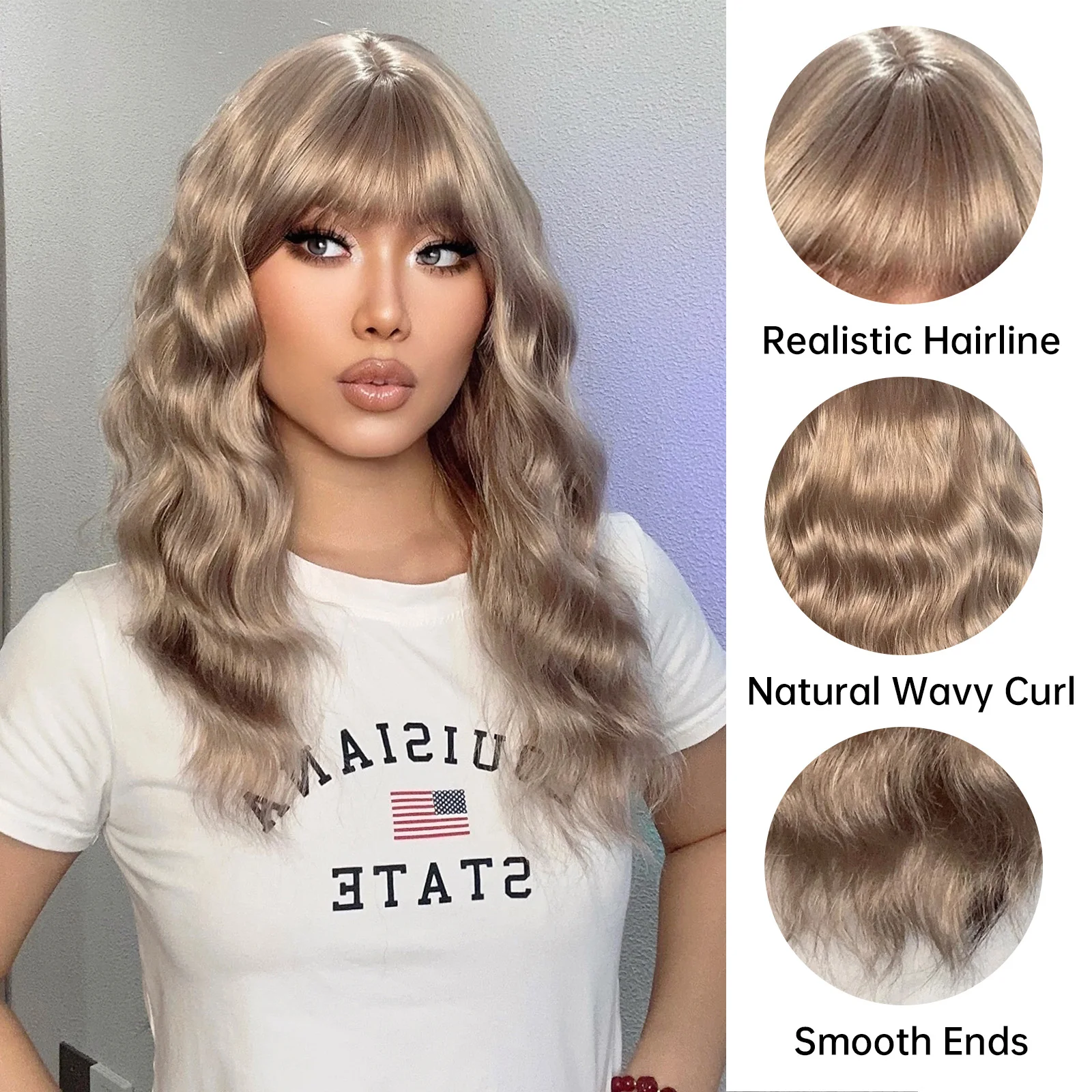 ALAN EATON Ash Blonde Curly Synthetic Wigs with Bangs for Women Girls Long Wave Hair Wig Heat Resistant Fiber for Daily Party