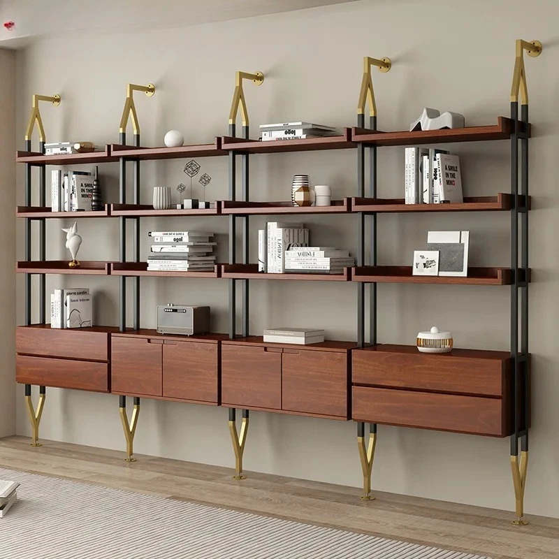 KSolid wood Italian light bookshelf wall-mounted living room home wrought iron shelf floor-to-ceiling multi-layer storage rack