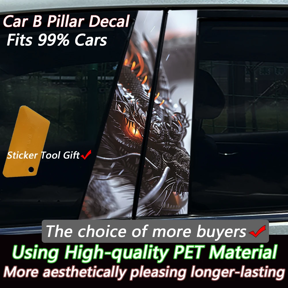 2Pcs Black Fire Dragon Car B-Pillar Stickers, 3D Waterproof Vinyl Decals, Anti-Scratch Car Door Post Protector Decor