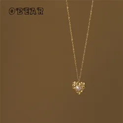 Stainless Steel Plated 18K Gold Irregular Lava Tin Foil Pearl Heart Pendant Necklace Women Luxury Charm Anniversary Jewelry