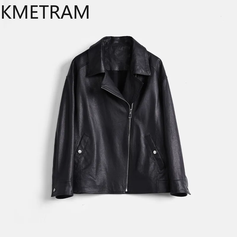 KMETRAM Vintage Vegetable Tanned Sheepskin Biker Leather Coat Genuine Leather Jacket Woman Crop Jackets of Woman Loose Jaqueta