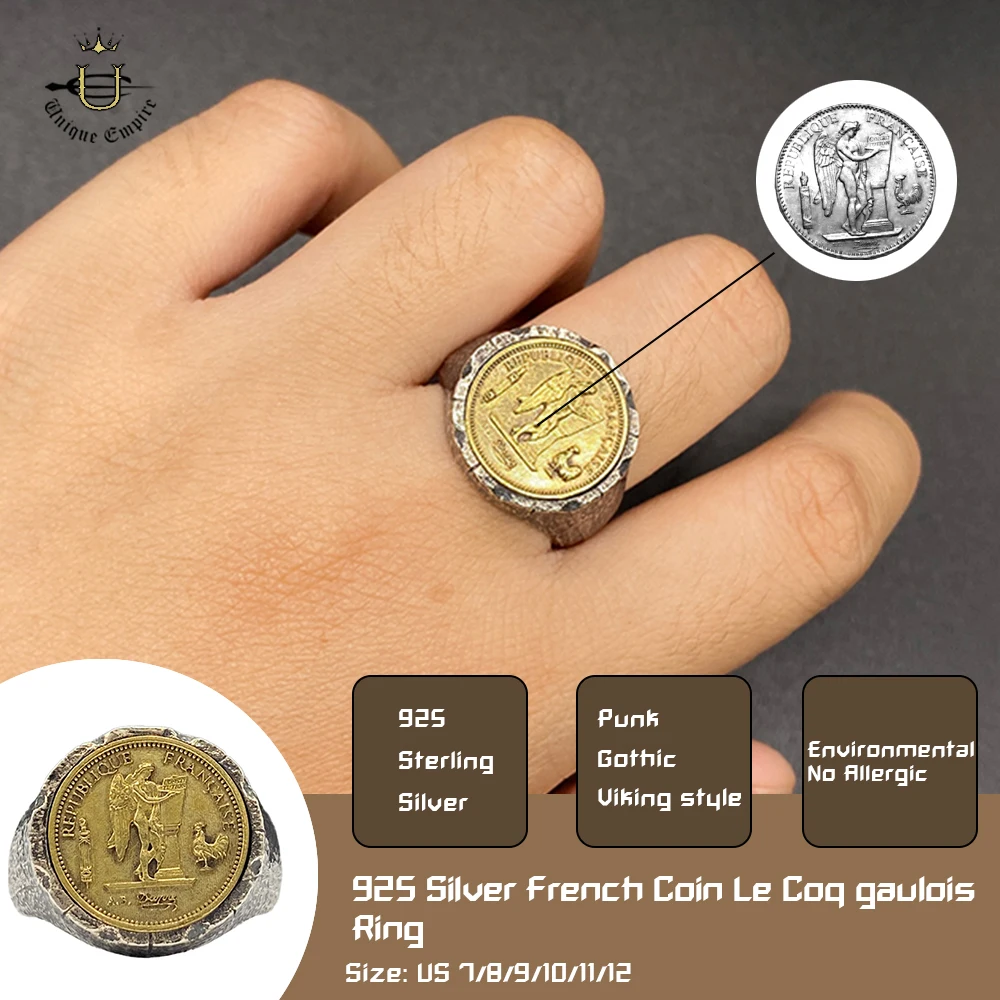 

925 Sterling Silver Antique Gold French Coin Ring Adjustable Le Coq Gaulois Angel Band Men's Punk Art Jewelry Fashion
