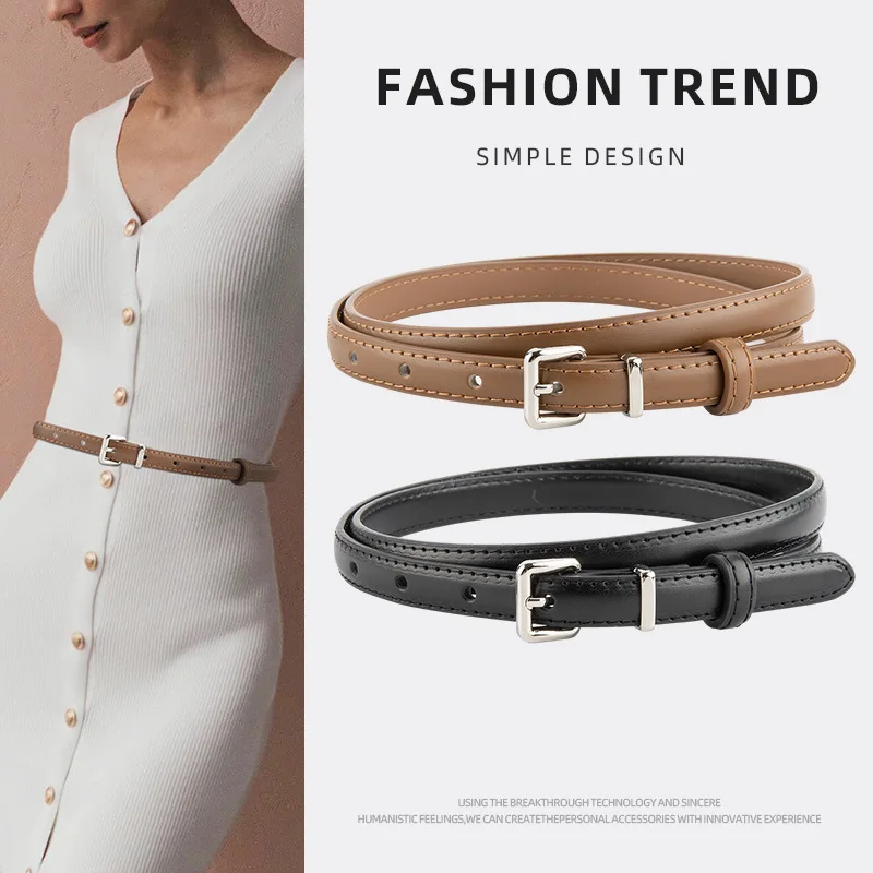 

Genuine leather retro silver buckle waist slimming belt for women, versatile dress simple decorative thin belt