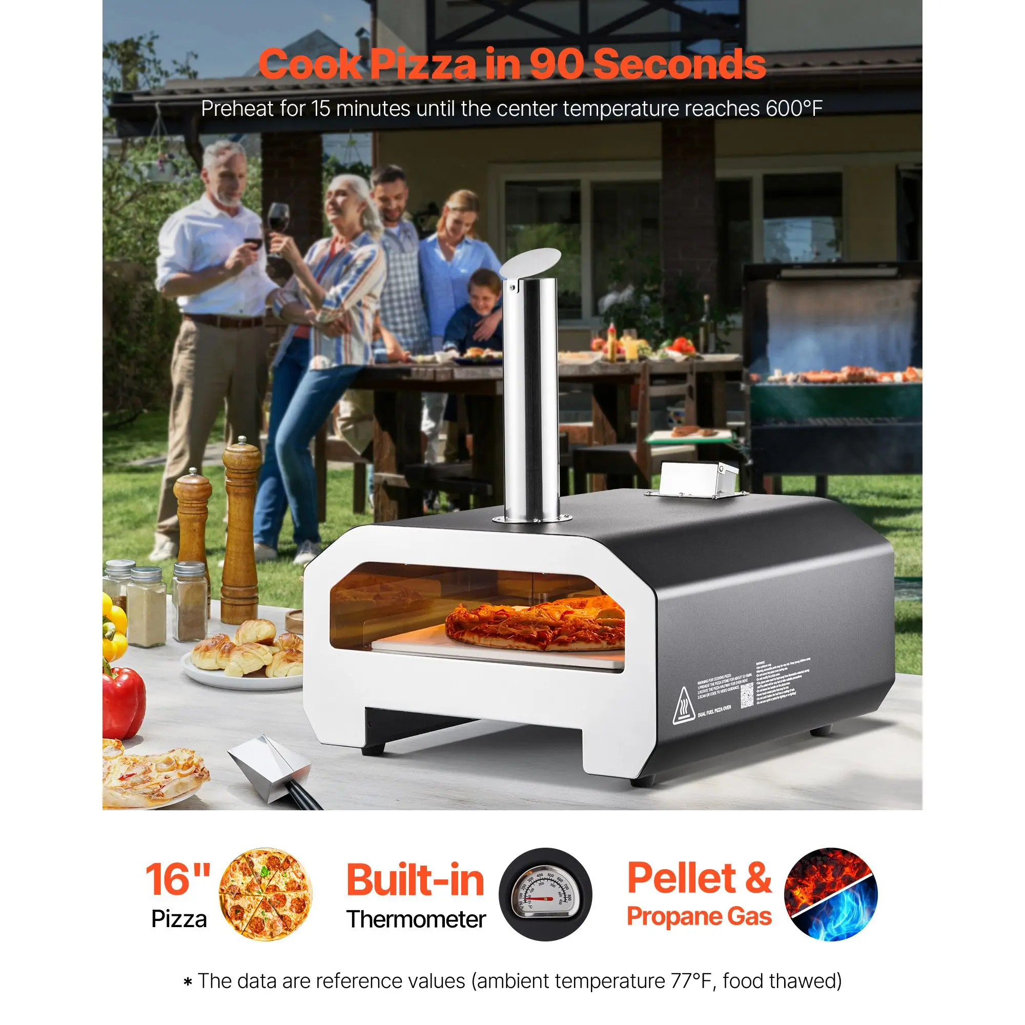 Dual Fuel Pizza Oven Outdoor, 16 in Wood Fire & Propane Gas Pizza Oven, Portable Pellet & Propane Pizza-Maker with Thermometer,