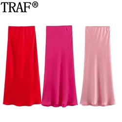 TRAF 2024 Women's Skirts Basic Satin Skirt High Waist Stylish Long Skirts For Women Autumn Midi Chic And Elegant Woman Skirt