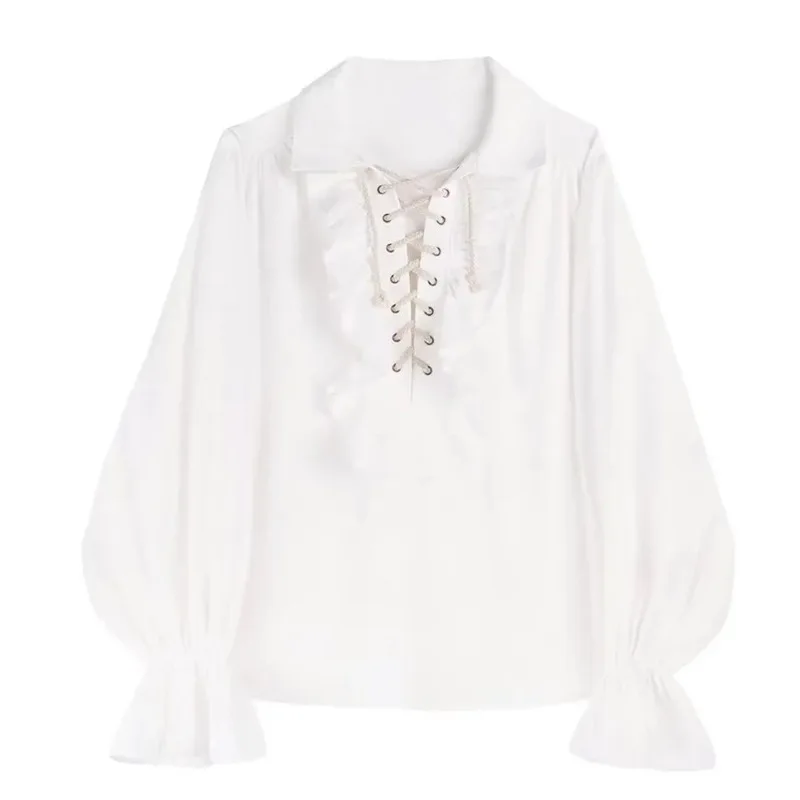 بلوزة القرون الوسطى الفايكنج أزياء الهالوين التأثيرية الخريف قمصان غير رسمية Steampunk كم طويل تكدرت قميص بلوزة الحفلات