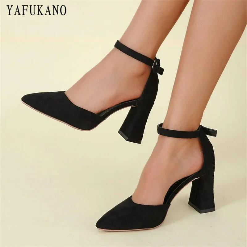 Simple Fashion Mid Hollow Single Shoes Summer Pointed Toe Chunky Heeled Ankle Strap Sandals Solid Flock Casual Pumps High Heels