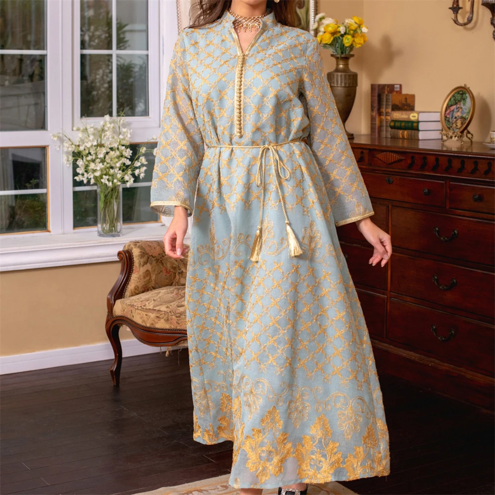 Robe longue musulmane du moyen-orient, Robe brodée, Style ethnique, Robe moulante à col rond