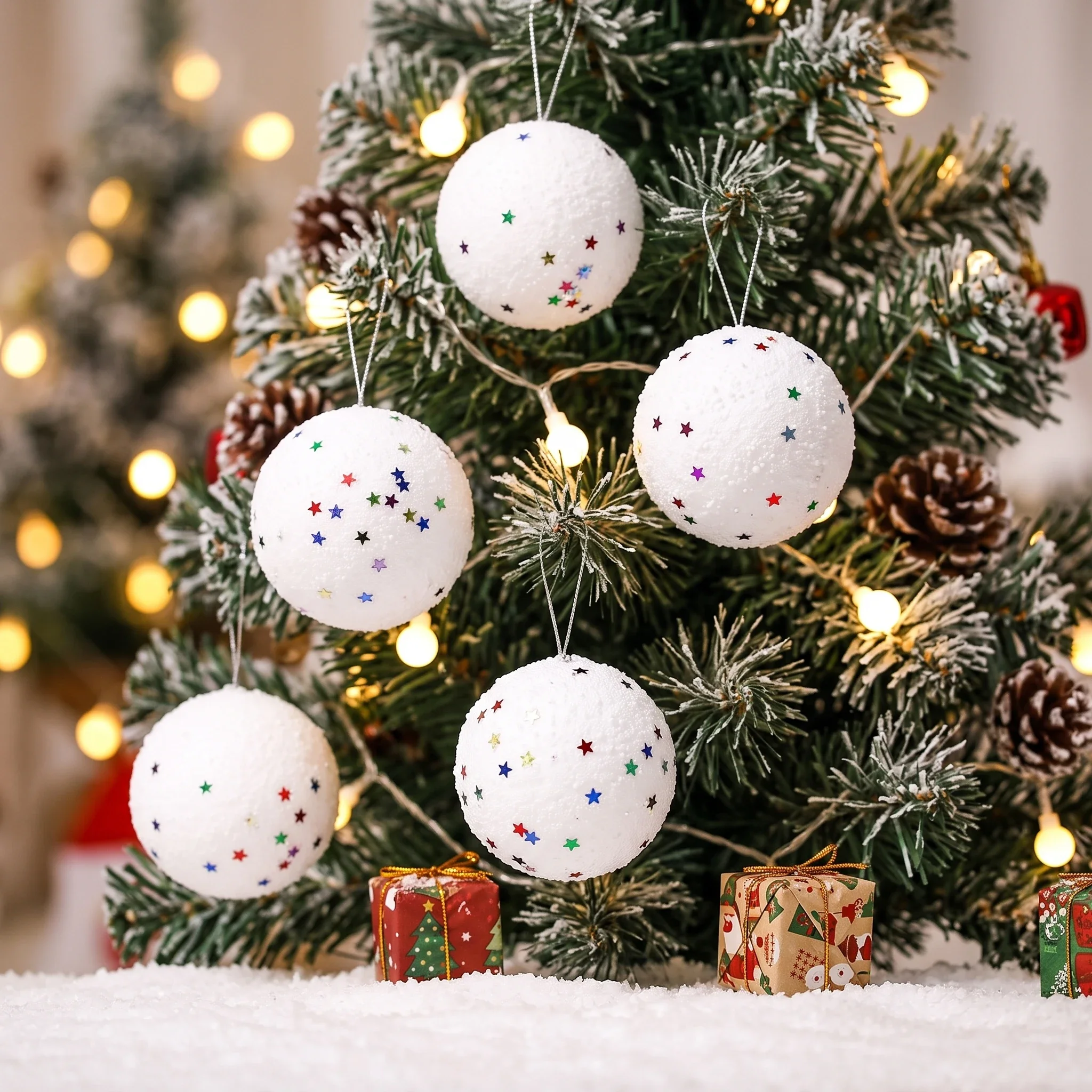 White Foam Christmas Ball Ornaments Sequin Star Snowball Baubles Xmas Tree Hanging Decorations Holiday Home Party Decor