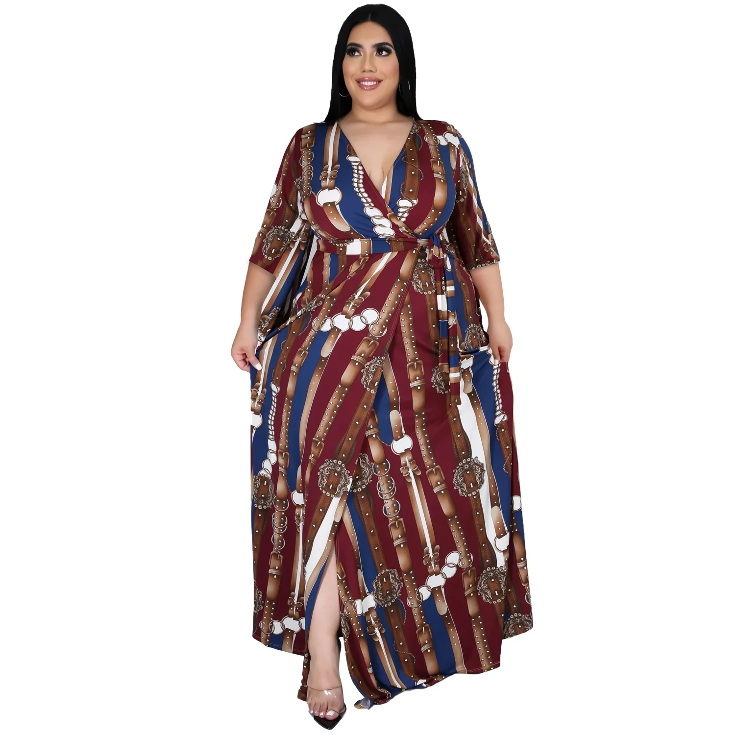 Haoohu Dameskleding Plus Size Bohemian Jurk 2023 V-Hals Mid-Mouw Split Strandprint Grote Swing Jurk Mode Casual Urban