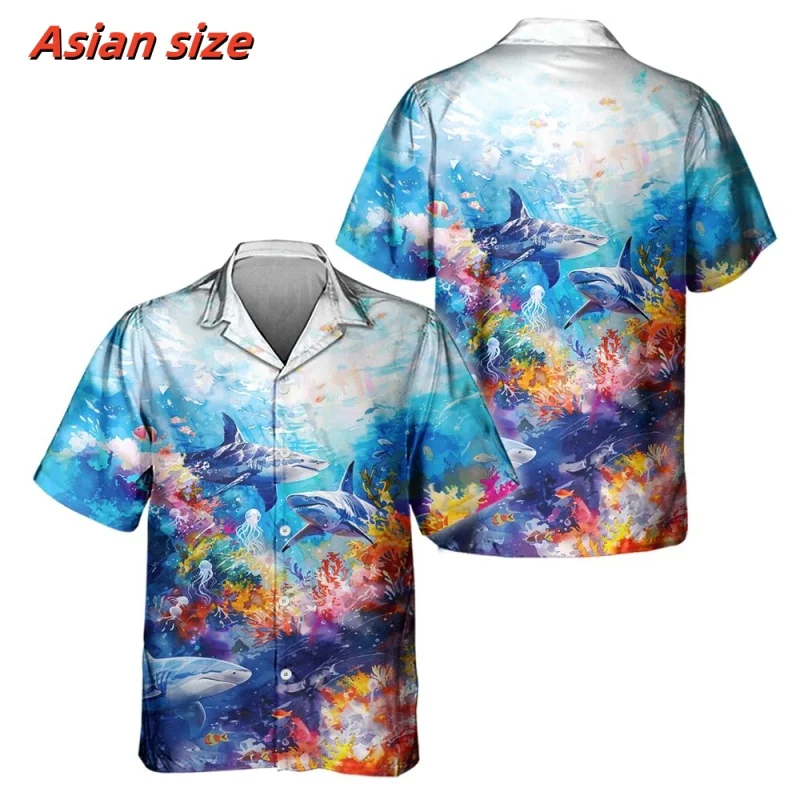 Camisa hawaiana con estampado de mundo submarino colorido para hombre, blusa con estampado 3D de tiburón y pescado, Tops de solapa de manga corta para verano, camisas Aloha