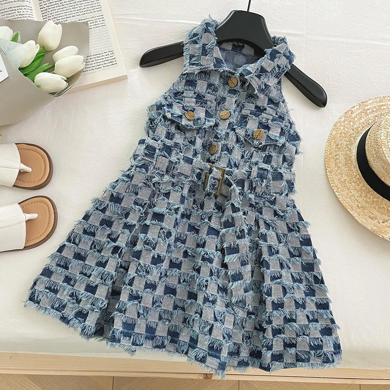 2025 Summer New Girls Denim Dress Lattice Print Lapel Sleeveless Princess Dress For 2-10 Years Kids Fashion Camisole Dress