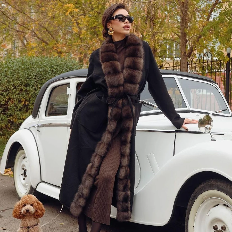 Wool Sheep Fur Coat Women Long Real Fur Coat For Women Elegant 2024 High Quality Warm Cashmere Coats With Fox Fur Collar