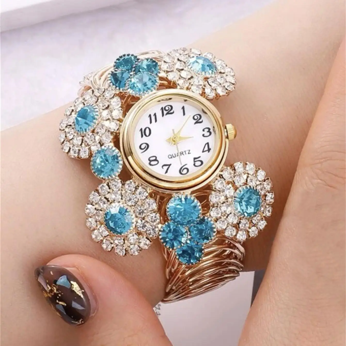 Rhinestone Flower Decor Quartz Bracelet Watch Boho Analog Cuff Bangle Dress Watch, Gift For Mother\'s Day Valentine\'s Day