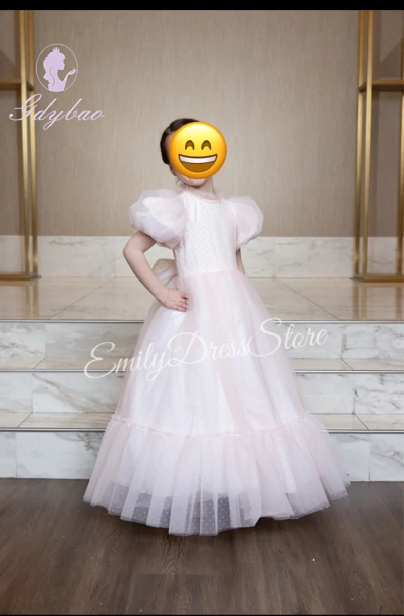 

Светло-розовое платье с цветочным узором для девочек по индивидуальному заказу на свадьбу, пышное детское платье с высоким воротом и короткими рукавами на день рождения, платье для первого причастия