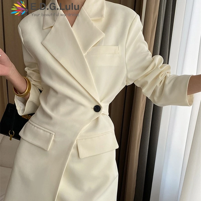 EDGLuLu Turn-Down Collar Long Sleeves Blazers Autumn Woman's Clothing Fashion One Button Retract Your Waist Suit Jacket 0116