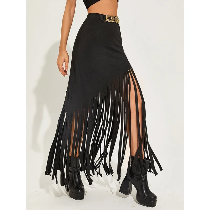 Tassel Punk Style Sexy Women Maxi Skirts Mall Gothic Grunge High Waist Long Skirt with Ring Belt Black Club Streetwear