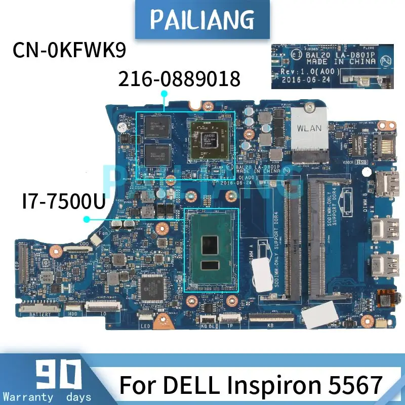 LA-D801P For Dell Inspiron 5567 5767 Notebook Mainboard SR2ZV i7-7500U 216-0889018 CN-0KFWK9 DDR4 Laptop Motherboard Full Tested