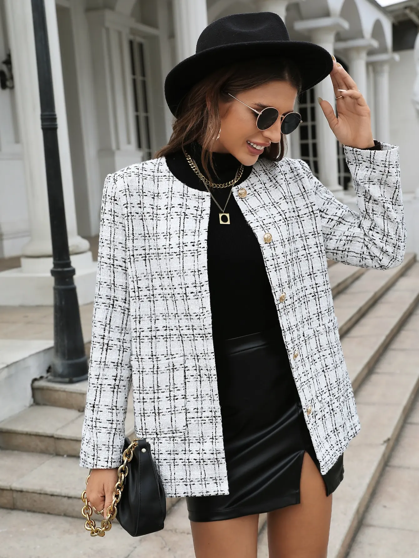 

Женская блузка с круглым вырезом и решетчатым узором «Тысяча птиц», короткое французское светское пальто с небольшим ароматом для зрелых дам