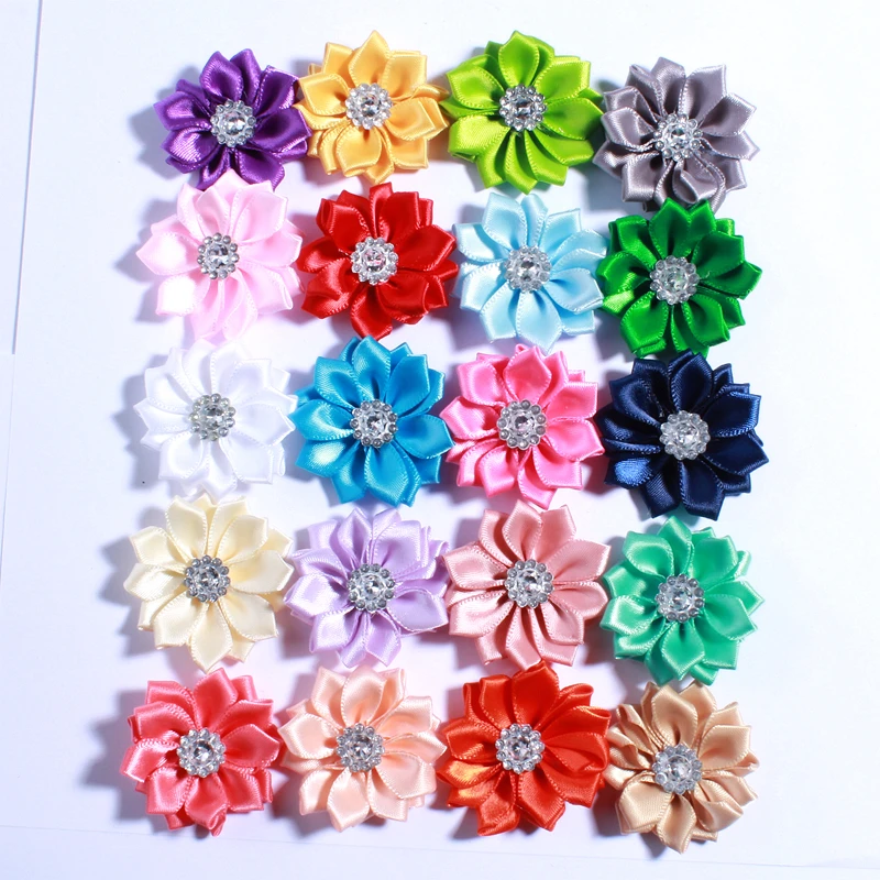 

20PCS 4CM Multilayer Mini Satin Flower With Acrylic Button Silk Ribbon Fabric Flower For Head Wear U Pick Color