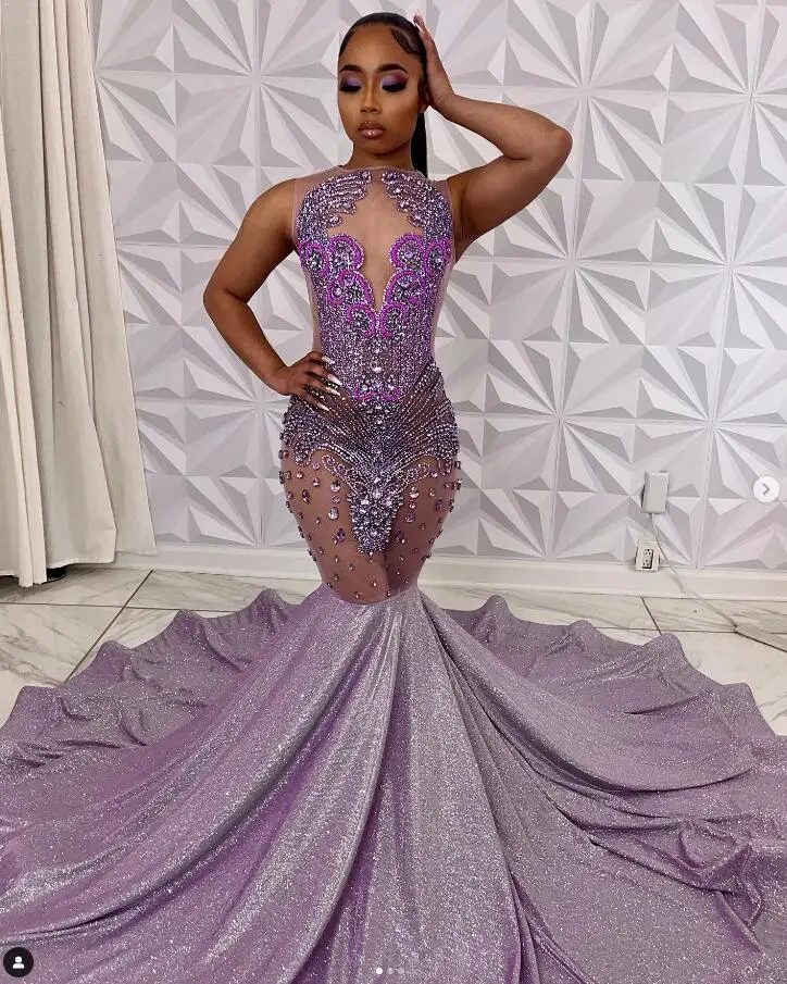 

Lilac Purple Sparkly Evening Pageant Dresses for Black Girl Luxury Diamond Crystal Gillter Prom Gown vestido lila damas de honor