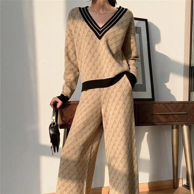 Autumn Winter Ladies Trouser Sweater Knitted Baggy Wide Leg Crochet Women's Pants Two Piece Set Full Clothes Casual Elegant Xxl