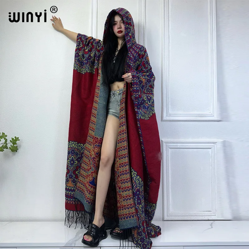 2024 NEW WINYI Winter cardigan outfits Women boho dress print Thick Warm Female kaftan maxi dress Hooded mop coat fashion Abaya