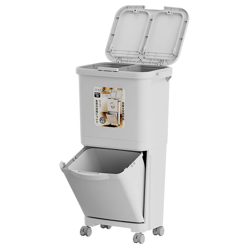 Kitchen Household with Cover Does Not Bend Press Type Waste Bins Large-capacity Double-layer Dry Wet Classification Trash Cans