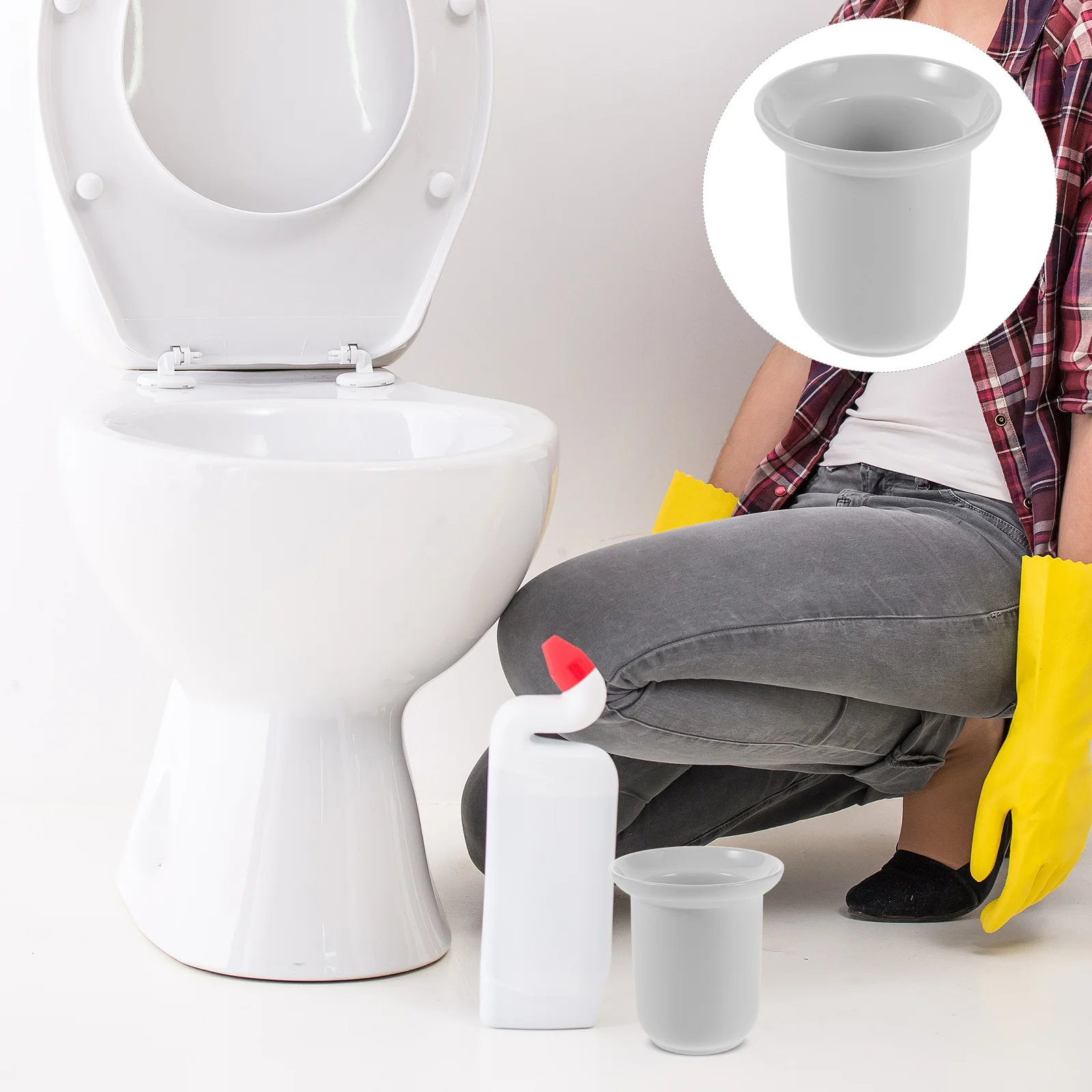 

White Ceramic Toilet Brush Holder - Porcelain Bathroom Brush Cup - Space-Saving Corner Toilet Organizer - Elegant Modern