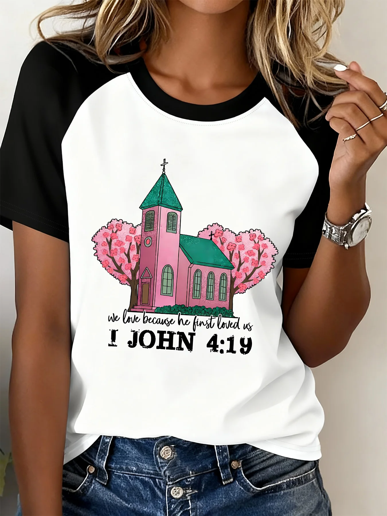 Fashionable T-Shirt with Black and White Color Combination, Pink and Green Church Cherry Blossom Print, Raglan T-Shirt with John 4:19 Faith Text, Short Sleeves