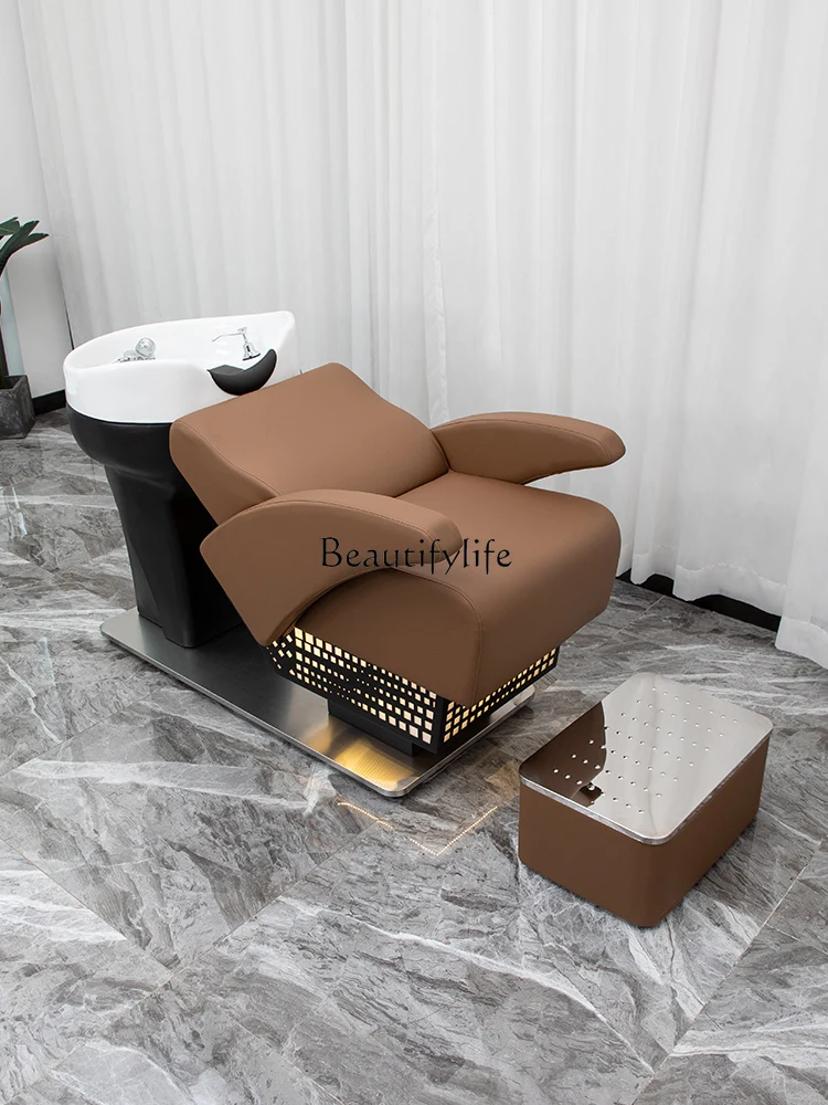 Half Lying Flushing Bed Beauty Salon Barber Shop Ceramic Shampoo Chair with Light