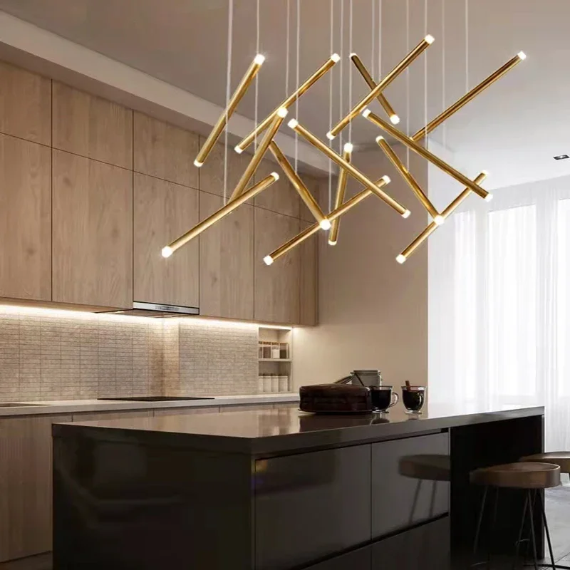 

Modern Led Chandelier For Staircase Living Room Creative Tube Design Lamp Gold Chrome Black Luxury Home Decor Kitchen Lighting