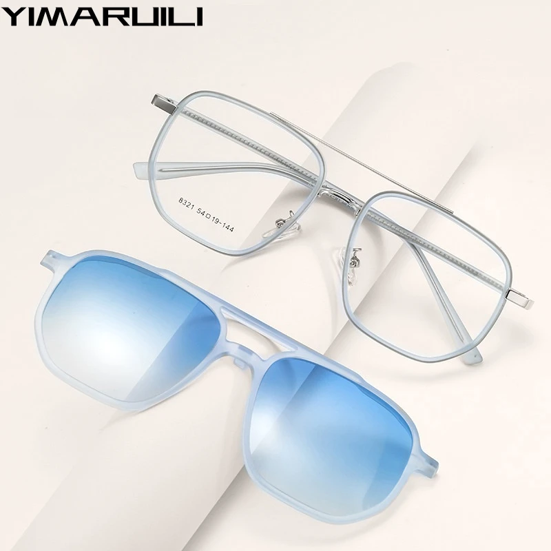 

YIMARUILI Fashion Double Beam Magnetic Clip-On Glasses Retro Pilot Optical Prescription Eyeglasses Frame for Men and Women CF832