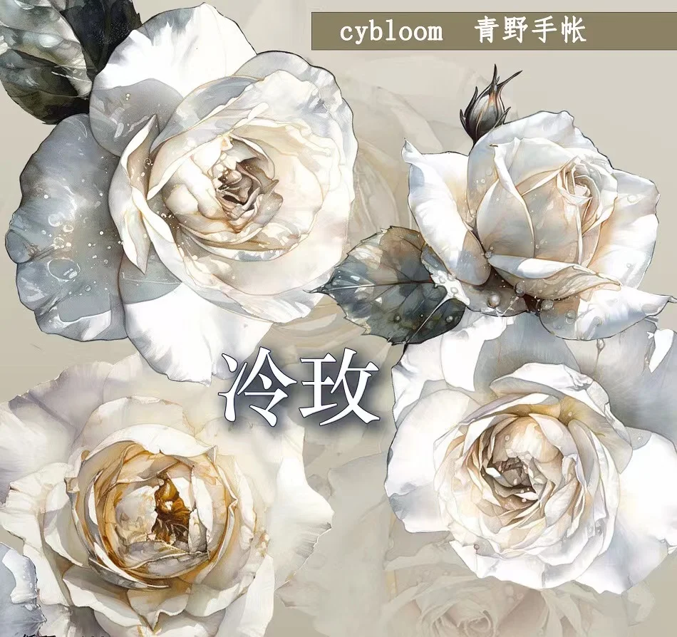 Vintage Cool Pale Green Blue Brown Rose Floral Washi PET for Card Making DIY Scrapbooking Plan Decorative Sticker