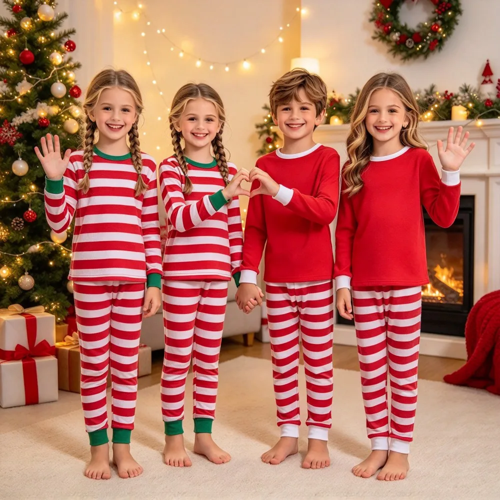 Children's Christmas Pajamas Sets Kids Pyjama Girls Cotton Red White Stripe Xmas Gifts Clothes Suits Boys Pijamas Nightwear Home