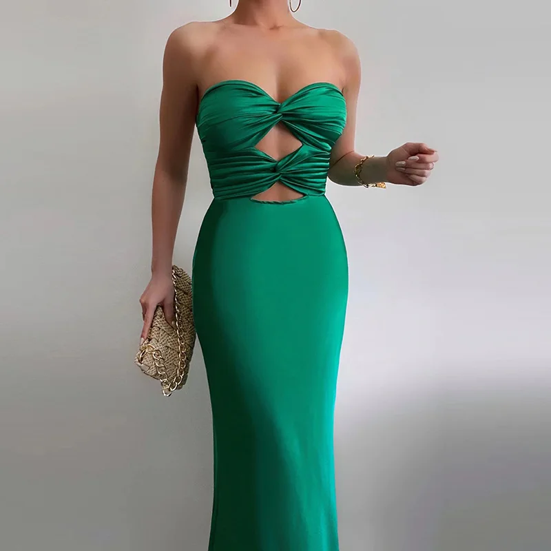 Women Elegant Backless Slim Sleeveless Long Dress Fashion Off Shoulder Party Dress Sexy Strapless Hollow Out Lady Satin Dresses