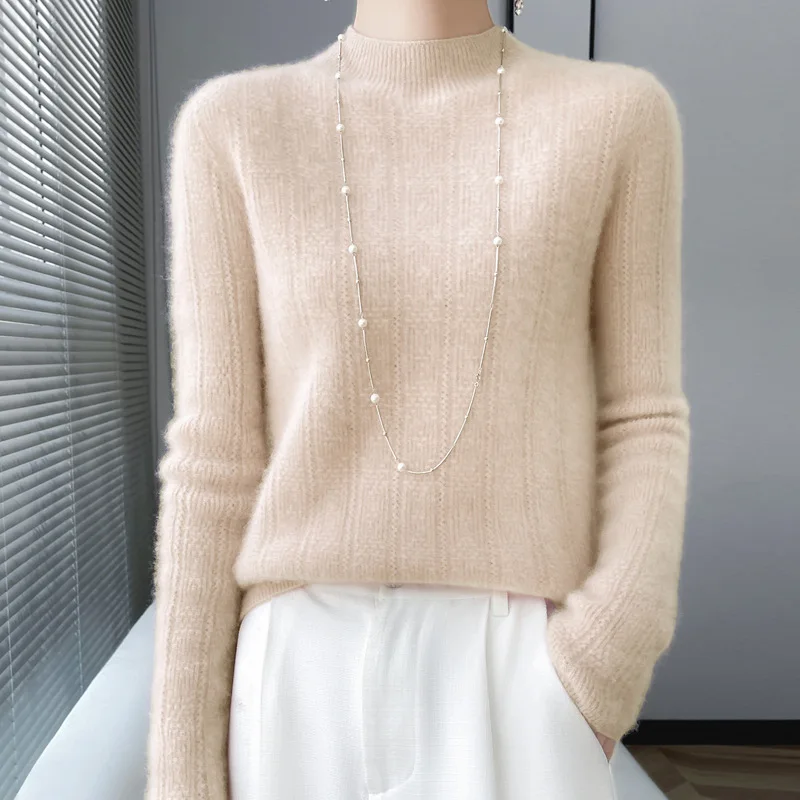 Seamless Half High Neck Hollowed Out Wool Sweater Women's Long Sleeved Solid Color Jumper Winter Warm Cashmere Knit Pullover