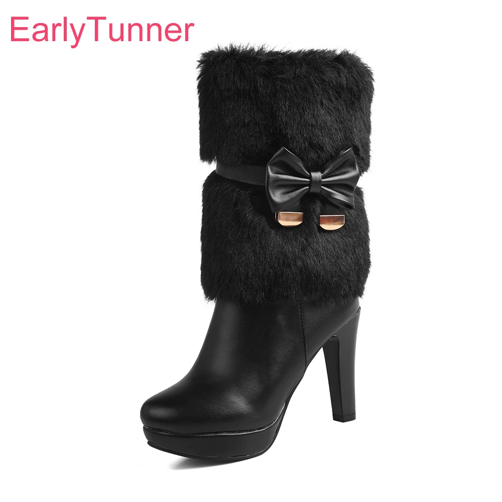 2024 Winter Glamour Black White Women Mid Calf High Boots Hot 10cm High Heels Lady Party Shoes Plus Small Big Size 33 43